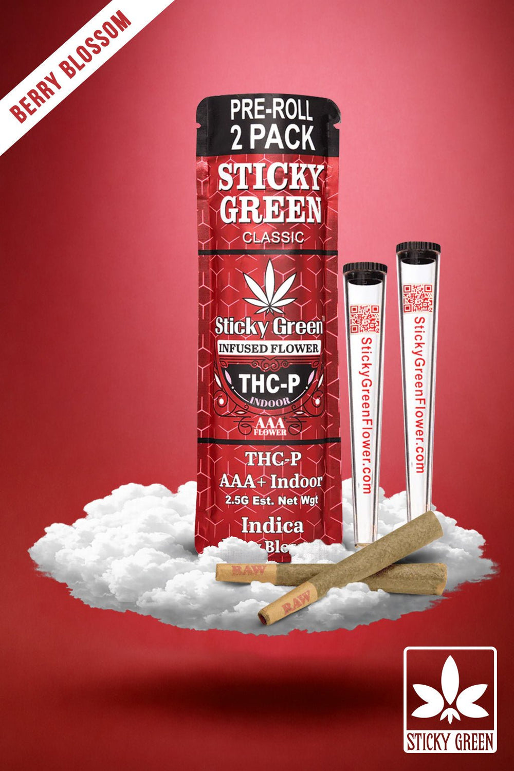 Berry Blossom THCP Pre Rolls (Indica) - Sticky Green Flower