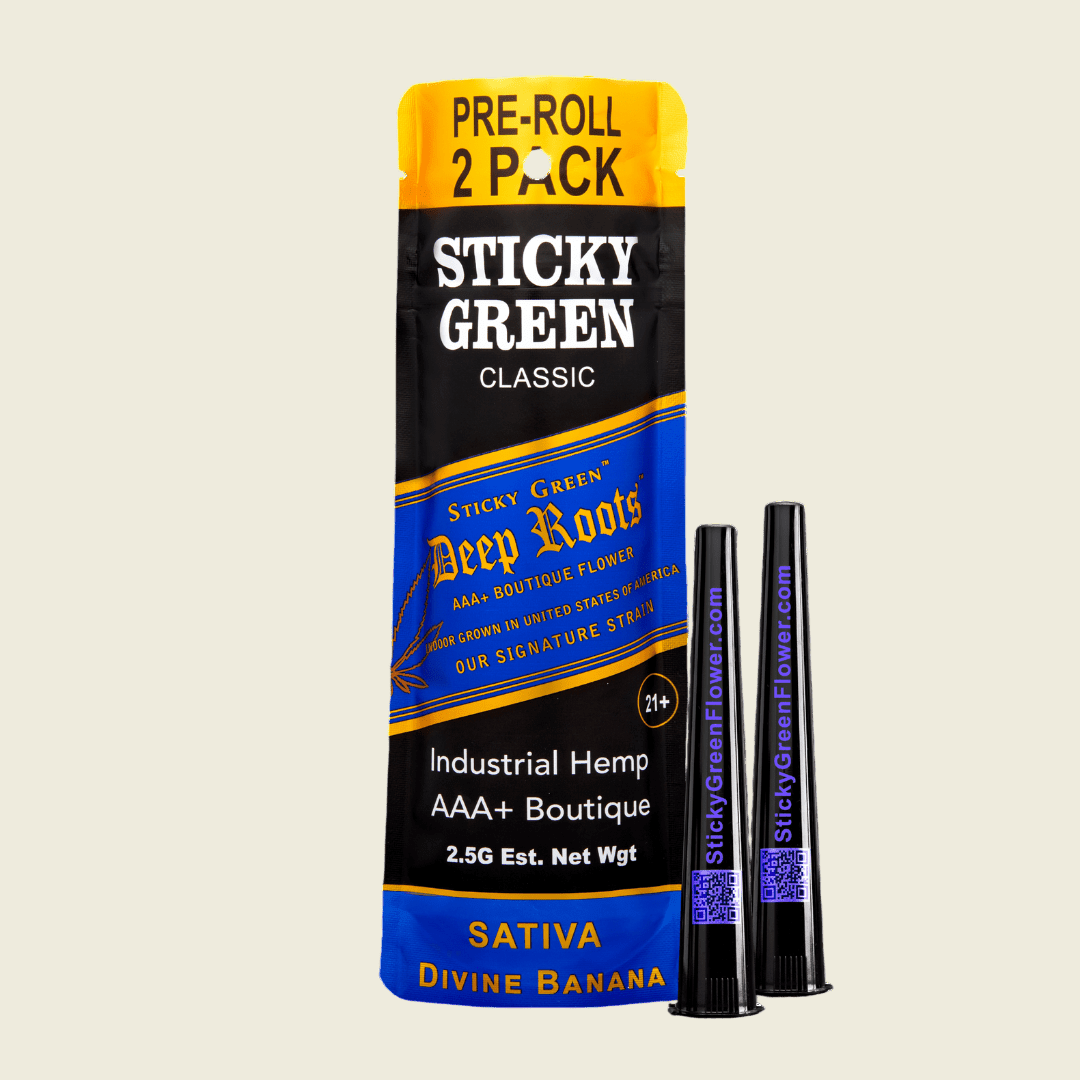 Divine Banana Deep Roots Pre Rolls (Sativa) - Sticky Green Flower